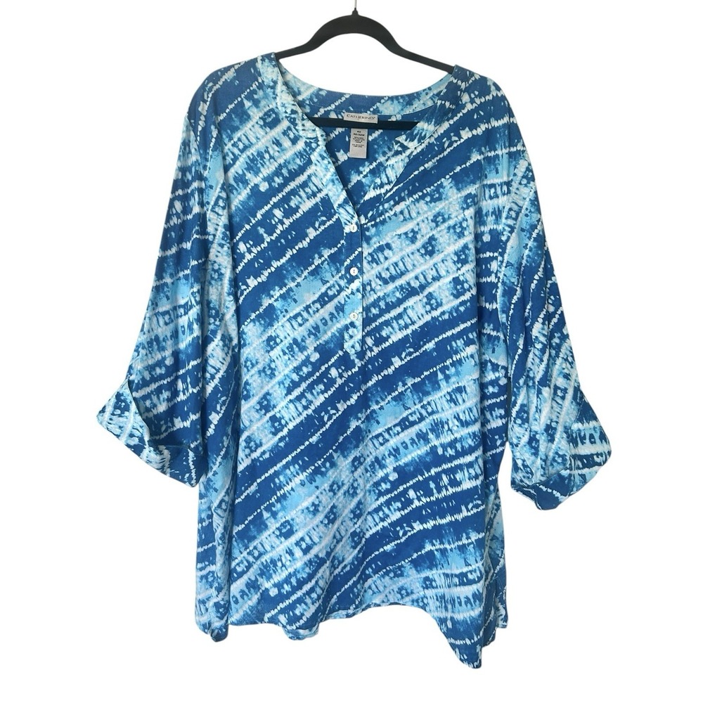 Catherine's Tunic Popover Blue Abstract Tie Dye Plus Size 4X Linen Blend Beach